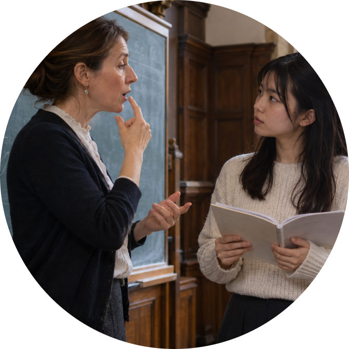 歴史ある校舎で先生に質問する留学生