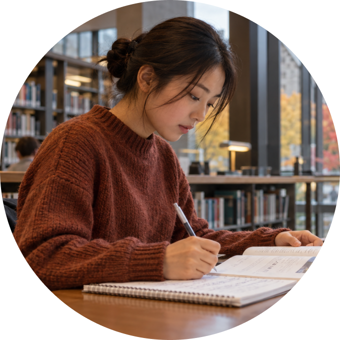 図書館でノートを取りながら学ぶ留学生