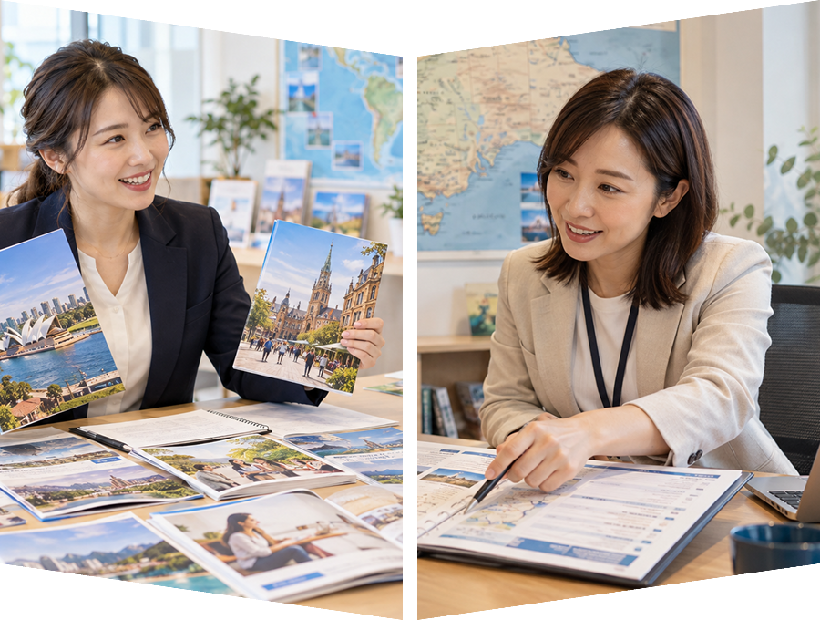 パンフレットを使って留学プログラムを相談する様子