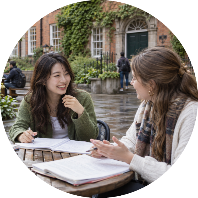 屋外のテーブルで友人と学ぶ留学生